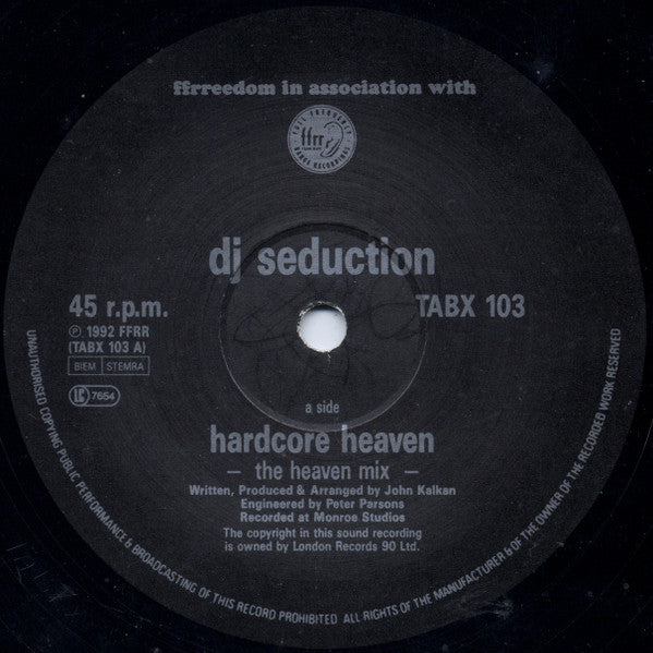 Image of Label Cover of 12" - VG+/G+ - DJ SEDUCTION, Hardcore Heaven / You And Me (Ffrreedom; TABX 103, UK 1992, Picture Sleeve), Close to VG, light marks and scuffs. , - 3526034E