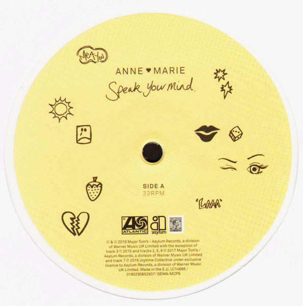 Image of Label Cover of LP - VG+/EX - ANNE MARIE, Speak Your Mind (Asylum Records; 190295613099, UK & Europe 2018, Inner, Limited White Vinyl), Edge Wear, - 4046193S