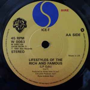 Image of Label Cover of 7" - VG/G+ - ICE-T, New Jack Hustler (Nino's Theme) / Lifestyles Of The Rich And Infamous (Giant Records; 5438-19442-7, UK 1991, Picture sleeve), Marks on disc. Some light clicks. Ringwear on sleeve. Promo sticker on back of sleeve., - 2026114E