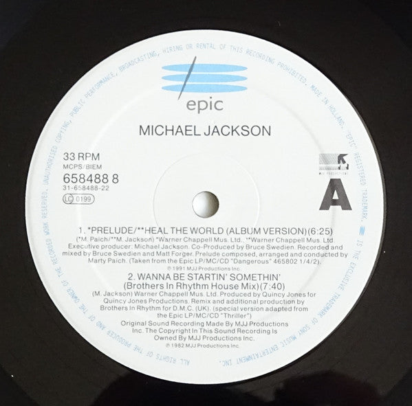 Image of Label Cover of 4745195S: 12" - MICHAEL JACKSON, Heal The World (Special Poster Bag Edition) (Epic; 658488 8, UK 1992, Picture Sleeve, Poster) Light marks. With poster. Lightest wear to sleeve. VG/VG