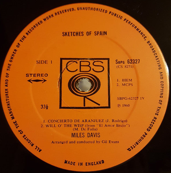 Image of Label Cover of LP - VG/VG+ - MILES DAVIS, Sketches of Spain (CBS Smooth Orange (33 1/3 On Label); SBPG 62327, UK 1970 Reissue, Laminated Front Sleeve, Stereo), Sleeve has sticker ghost on reverse; a few scuffs, - 3716257C