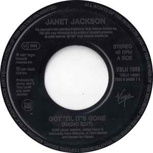 Image of Back Cover of 7" - /VG+ - JANET JACKSON, Got 'Til It's Gone (Radio Edit) / (Mellow Mix Edit) (Virgin; VSLH 1666, UK 1997, Plain Sleeve, Black Label Jukebox Single), 2 light dents on run in groove of B side not affecting play area of disc., - 3156048S