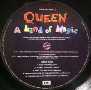 Image of Label Cover of 2615287C: LP - QUEEN, A Kind of Magic (EMI; EU 3509, UK 1986, Gatefold, Inner) Light Marks only. VG/G+