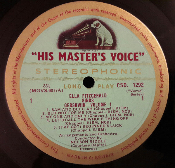 Image of Label Cover of 0115417C: LP - ELLA FITZGERALD, Sings The George And Ira Gershwin Song Book - Volume One (His Master's Voice; CSD 1292, UK 1959, Laminated Front Flipback Sleeve, Stereo) Sleeve discoloured with writing and stamp on reverse. Also ripped sticker on front VG/VG