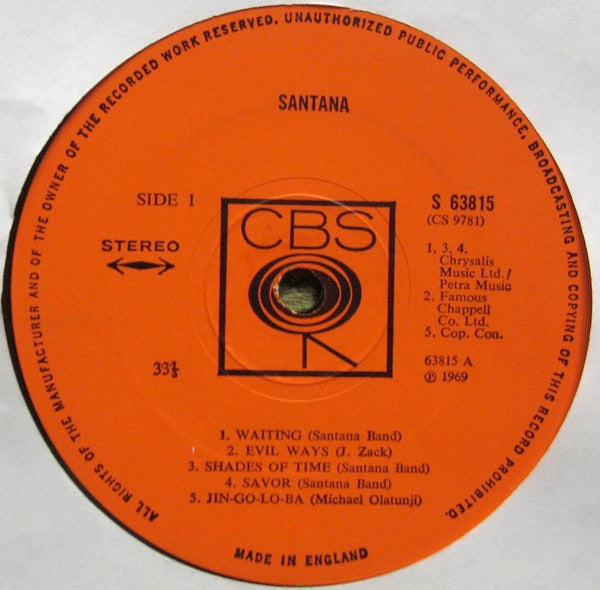 Image of Label Cover of LP - VG+/VG+ - SANTANA, Santana (CBS Smooth Orange ; 63815, UK 1969, Non-Laminated), Strong VG+, - 3326097E