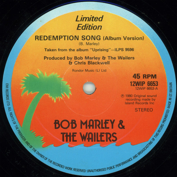 Image of Label Cover of 12" - VG/VG+ - BOB MARLEY & THE WAILERS, Redemption Song (Island Records; 12WIP 6653, UK 1980, Glossy Sleeve), Light marks only., - 1126227E