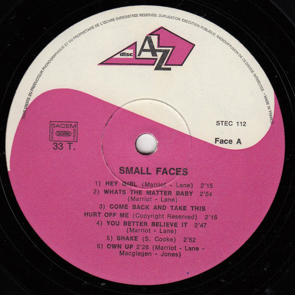 Image of Label Cover of LP - VG/VG+ - SMALL FACES, Small Faces (Disc'Az; STEC 112, France 1971, Laminated Front Sleeve), Stickers Stuck to Sleeve, - 3326325E