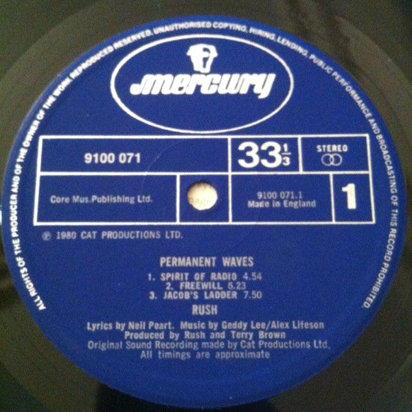 Image of Label Cover of LP - VG/VG+ - RUSH, Permanent Waves (Mercury; 9100 071, UK 1980, Headline Whited Out, Lifeson on Billboard, Lee Blacked Out, Inner, Label variation, No Hiring & Lending on rim, Stereo, Geoff's and Ray's Run Out Side One), , - 3446404S