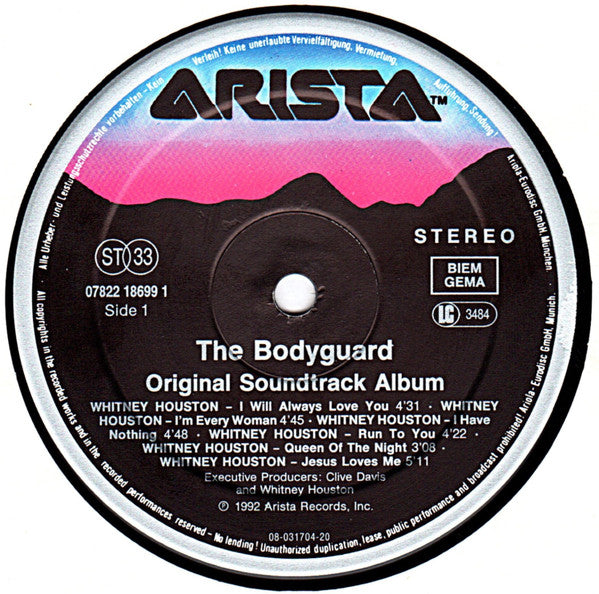 Image of Label Cover of LP - VG+/VG+ - VARIOUS, The Bodyguard (Original Soundtrack Album) (Arista; 07822 18699 1, Europe 1992, Inner), , - 2726205E