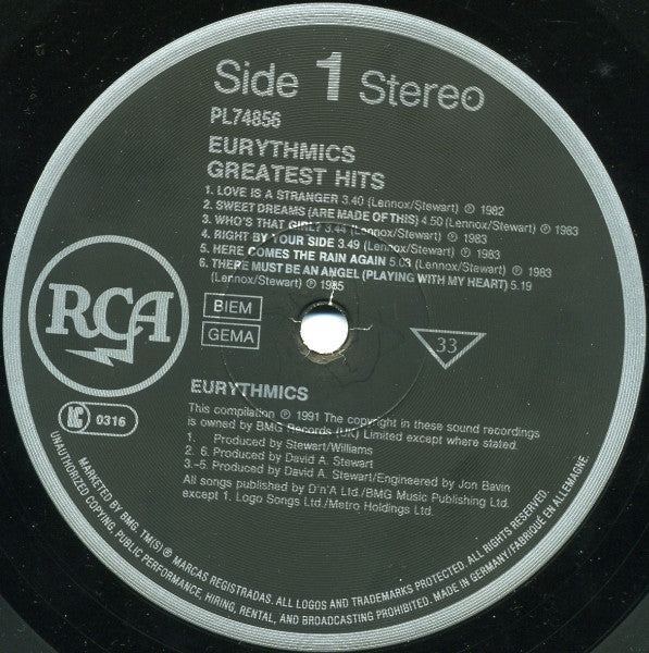 Image of Label Cover of LP - VG/G+ - EURYTHMICS, Greatest Hits (RCA; PL 74856, Europe 1991, Inner), Worn sleeve., - 2316436C