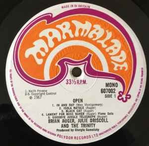 Image of Label Cover of LP - VG+/VG+ - BRIAN AUGER, JULIE DRISCOLL AND THE TRINITY, Open (Marmalade; 607002, UK 1967, Laminated Sleeve, No Insert, Mono, Upton Printing. Copyright Control), Strong VG+, - 2826199E