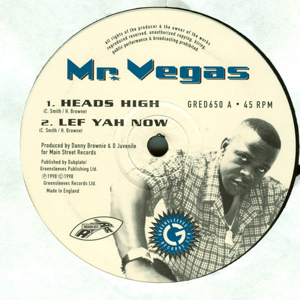 Image of Label Cover of 12" - VG/VG - MR. VEGAS, Heads High (Greensleeves Records; GRED 650, UK 1998, Picture Sleeve), , - 3026004E