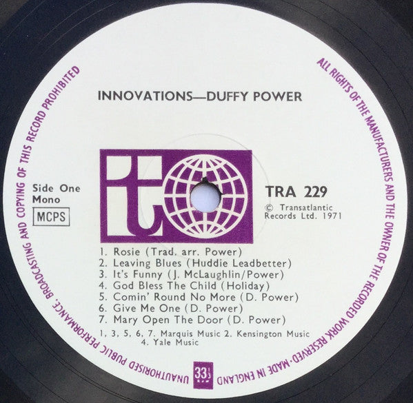 Image of Label Cover of LP - VG/G+ - DUFFY POWER, Innovations (Transatlantic White/Purple; TRA 229, UK 1971, Laminated Sleeve, Mono), Light Click on B1 and B2, - 3526163E