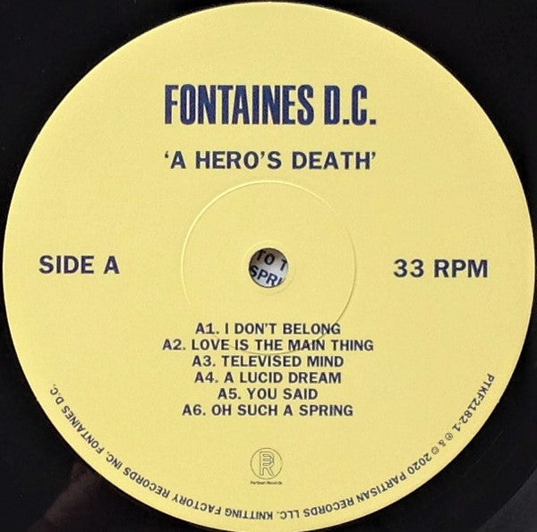 Image of Label Cover of LP - NEW/NEW - FONTAINES D.C., A Hero's Death (Partisan Records; PTKF2182-1, UK 2020, Inner, Black Vinyl), , - 3916395C