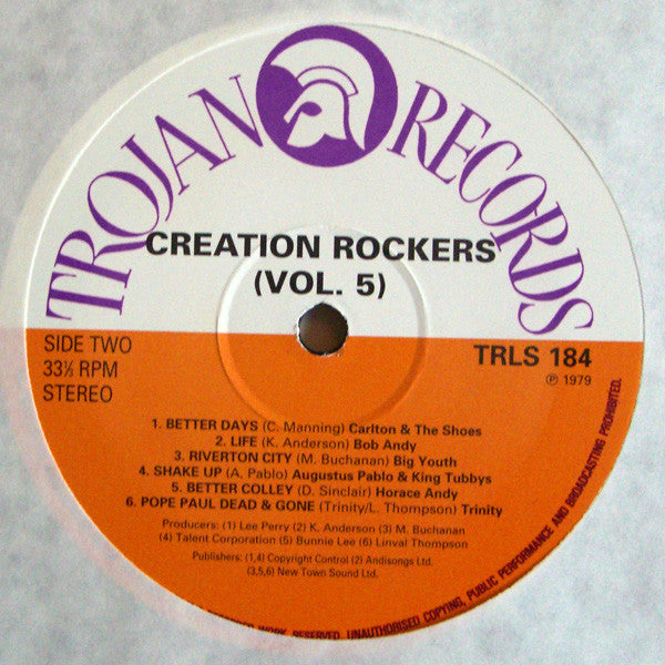Image of Label Cover of LP - VG/G+ - VARIOUS ARTISTS, Creation Rockers Volume 5 (Trojan Records; TRLS 184, UK 1980s Reissue), Light marks and mottling, plays above grade. , - 2716415C