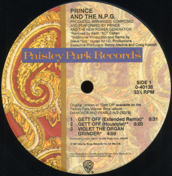 Image of Label Cover of 12" - VG/G+ - PRINCE AND THE NEW POWER GENERATION, Gett Off (Paisley Park; 9 40138-0, US 1991, Picture Sleeve), Light Marks only., - 2716308C