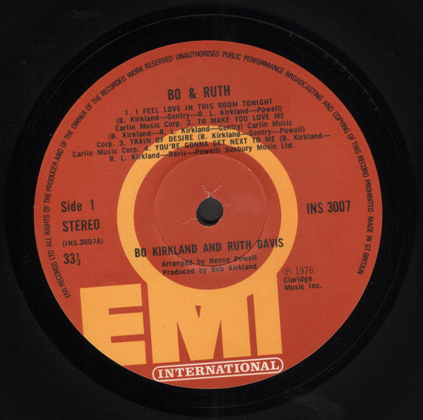 Image of Label Cover of LP - VG/VG+ - BO KIRKLAND & RUTH DAVIS, Bo & Ruth (EMI; INS 3007, UK 1976), , - 3146223S