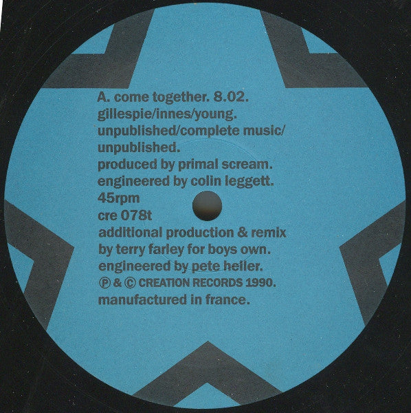 Image of Label Cover of 0715393C: 12" - PRIMAL SCREAM, Come Together (Creation Records; cre 078t, UK 1990, MPO Runouts) All round Strong VG VG/VG