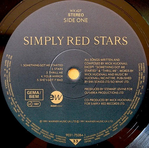 Image of Label Cover of LP - VG/VG - SIMPLY RED, Stars (EastWest; WX 427, UK 1991, Inner), Press flaw that sounds very briefly., - 2816221C