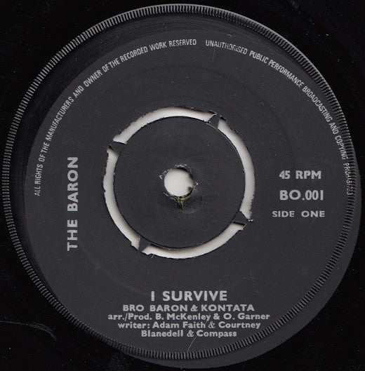 Image of Front Cover of 3254083S: 7" - BRO BARON & KONTATA, I Survive / Teach Me (The Baron; BO.001, UK 1974, Plain Sleeve) /G+