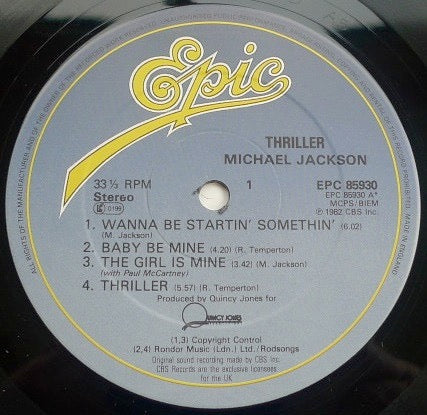 Image of Label Cover of LP - VG/G+ - MICHAEL JACKSON, Thriller (Epic Blue label, Yellow Writing; EPC 85930, UK 1982, Gatefold, Inner, Interepak by Shorewood Packaging Co. Ltd. England, Quincy Jones Logo at Bottom of Label), , - 2926220E