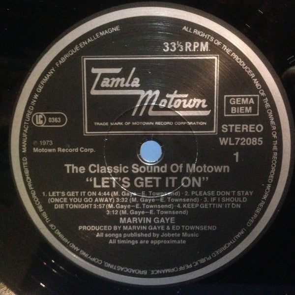 Image of Label Cover of LP - VG/VG+ - MARVIN GAYE, Let's Get It On (Tamla Motown; WL72085, Germany 1983 Reissue, Picture Sleeve, Small gap at top of rim text on label), Minor Edgewear to sleeve., - 3626005E