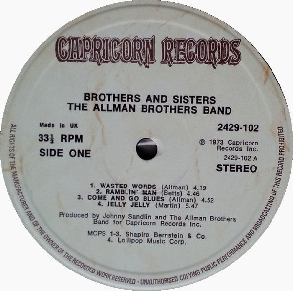 Image of Label Cover of LP - G+/VG+ - THE ALLMAN BROTHERS BAND, Brothers and Sisters (Capricorn; 2429102, UK 1970s Reissue, Gatefold, Insert), Spine Wear, - 2226392E