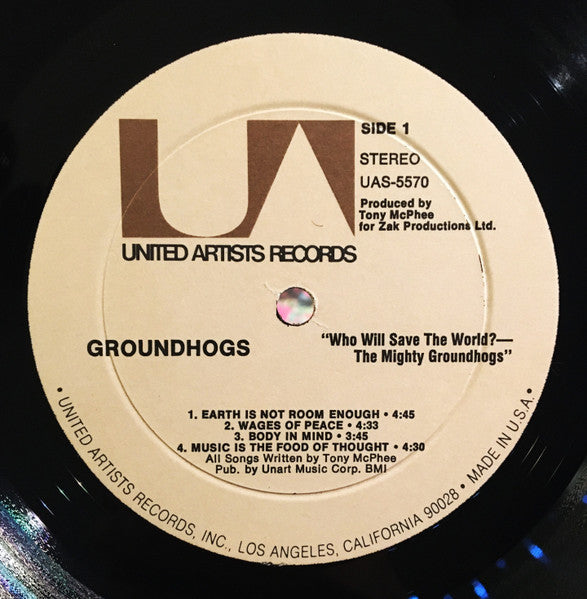 Image of Label Cover of LP - VG/VG - GROUNDHOGS, Who Will Save The World? The Mighty Groundhogs (United Artists Records; UAS 5570, US 1972, Fold Out Sleeve, Inner, Song Titles Separated By A Dot On Labels), scufs, bottom of spine corner cut, edge wear, seam splits on Inner, - 3046287S