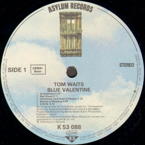 Image of Label Cover of LP - VG/VG - TOM WAITS, Blue Valentine (Asylum Records GEMA/Biem Rights Box; AS 53 088, Europe 1980s Reissue, Non-Barcoded Gatefold Sleeve), , - 2516263C