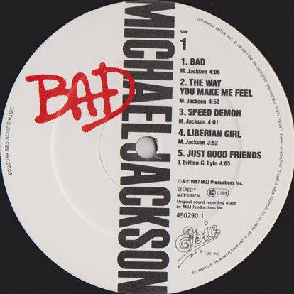 Image of Label Cover of LP - VG/G+ - MICHAEL JACKSON, Bad (Epic; 450290 1, Epic 450290 1*, UK 1987, Gatefold, Inner, slight label variant to other UK entry"450290 1*' on label), Light marks only, - 3516394C