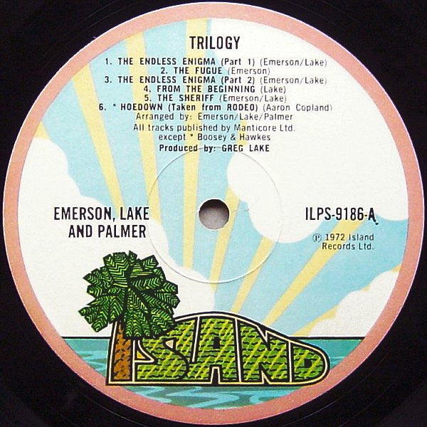 Image of Label Cover of LP - G+/VG - EMERSON, LAKE & PALMER, Trilogy (Island Records (Pink Rim); ILPS 9186, UK 1972, Tinsley Robor Gatefold Sleeve), Sleeve a bit worn, - 3616287C