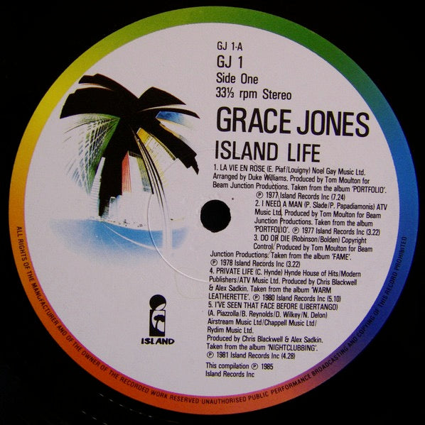Image of Label Cover of LP - VG/VG+ - GRACE JONES, Island Life (Island Colourband Rim; GJ 1, UK 1985, Glossy Gatefold), , - 2426048E