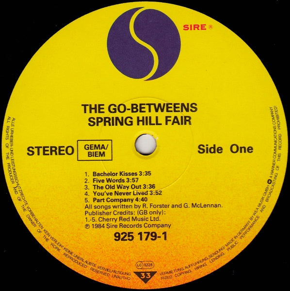Image of Label Cover of LP - VG/VG - THE GO-BETWEENS, Spring Hill Fair (Sire; 925 179-1, Europe 1984, Inner, GEMA/BIEM Rights Box), Strong VG all round. Sleeve has one tiny tear on opening, VG+ otherwise., - 2616181C