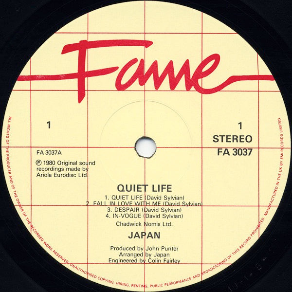 Image of Label Cover of 5025061E: LP - JAPAN, Quiet Life (Fame; FA 3037, UK 1982 Reissue, Single Sleeve) VG/VG+