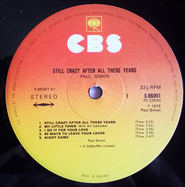 Image of Label Cover of LP - VG+/VG - PAUL SIMON, Still Crazy After All These Years (CBS; S 86001, UK 1975, Embossed Sleeve, Inner), , - 3926018E