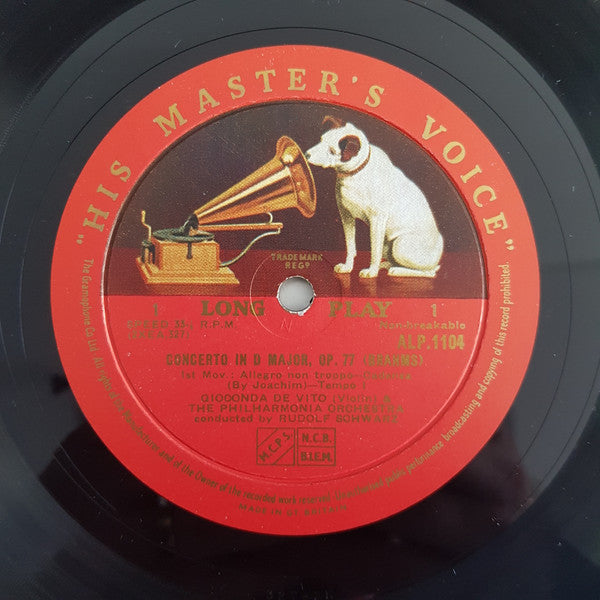 Image of Label Cover of LP - G+/VG - GIOCONDA DE VITO, RUDOLF SCHWARZ, PHILHARMONIA ORCHESTRA, Brahms Violin Concerto (His Master's Voice; ALP 1104, His Master's Voice ALP. 1104, UK , Laminated Scalloped Flipback Sleeve), Small Tear in Taped Sleeve Opening, Edge Wear, - 4824097E