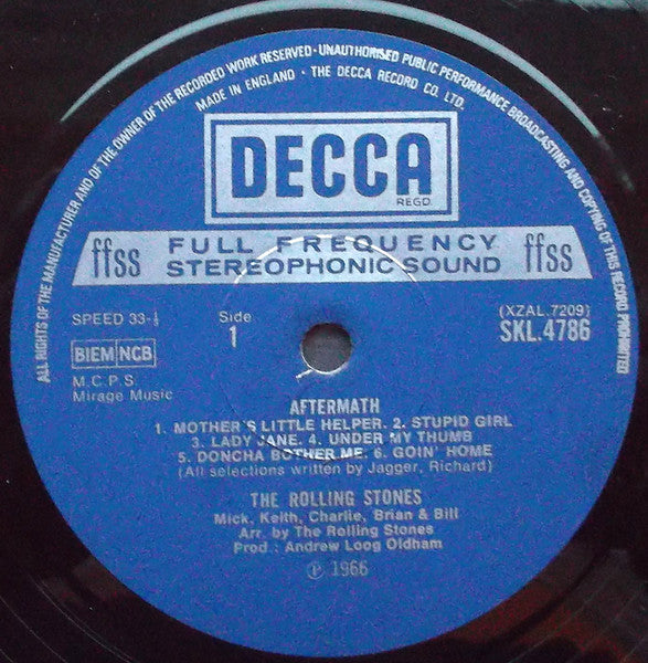 Image of Label Cover of 4925060E: LP - THE ROLLING STONES, Aftermath (Decca Small Dark Blue Boxed; SKL 4786, UK 1974 Reissue, Laminated Front Sleeve, Stereo) VG+/VG