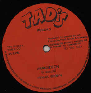 Image of Front Cover of 12" - G+/G+ - DENNIS BROWN, Amagideon (Tad's Record; TRD 151184, UK 1980s, Company Sleeve), Sleeve creased and worn; spine pinched, - 3216445C