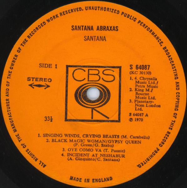 Image of Label Cover of LP - VG/VG - SANTANA, Abraxas (CBS Orange (33 1/3 On Label); 64087, UK 1970, Single Sleeve, A2/B2 Matrix, Chrysalis Music Publishing on Side B, Channels reversed on Side A, Side B Runs Slightly Too Fast.), , - 3916345C