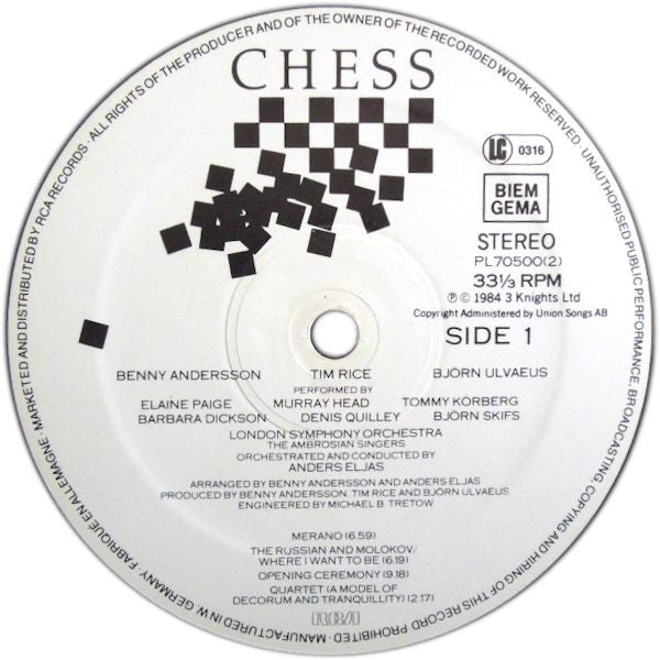 Image of Label Cover of 2xLP - VG/VG - BENNY ANDERSSON, TIM RICE, BJ RN ULVAEUS, Chess (RCA; PL70500(2), Europe 1984, Gatefold, 2 Inners & Booket, BIEM Over GEMA), , - 1716619C