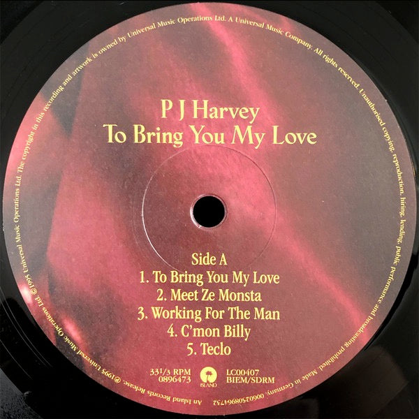 Image of Label Cover of LP - EX/EX - PJ HARVEY, To Bring You My Love (Island Records; 0896473, Worldwide 2020 Reissue, Inner, 180 Gram Vinyl), Opened Instore, Still In Shrinkwrap, - 4246001S