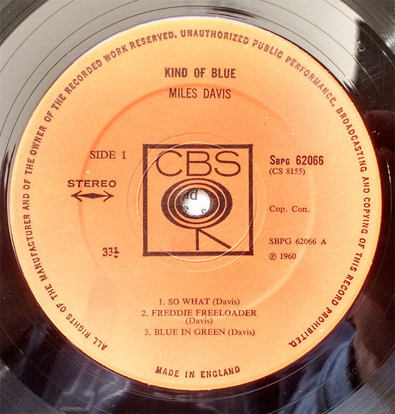 Image of Label Cover of LP - G/G - MILES DAVIS, Kind of Blue (CBS Orange (33 1/3 On Label); S BPG 62066, UK 1968 Reissue, Front Laminated Non Flipback G&L Sleeve, Stereo, Misprint B1 'All Blue' on Label, 'E.J. Day Group' printer credits.), Scratches across the full A-side. Causes light static throughout, with very slight popping on A3. Plays much closer to G+. Writing on back of sleeve. Slight tear on opening., - 1946321S