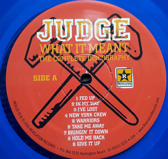 Image of Label Cover of 2xLP - VG+/VG+ - JUDGE, What It Meant - The Complete Discography (Revelation Records ; REV122, US 2014 Reissue, Gatefold, Insert, Blue Translucent Vinyl, Fifth press), , - 1946028S