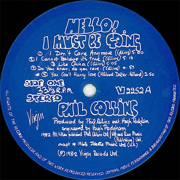 Image of Label Cover of LP - VG/VG - PHIL COLLINS, Hello, I Must Be Going! (Virgin; V2252, UK 1982, Gatefold, Round Thumb-Cut Inner, First Press), Light Marks only. No Hype Sticker , - 1516098C