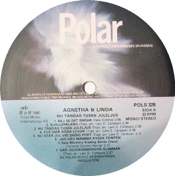 Image of Label Cover of LP - VG/VG+ - AGNETHA & LINDA, Nu T ndas Tusen Juleljus (Polar; POLS 328, Sweden 1981), Small light sleeve creases, - 2416096C