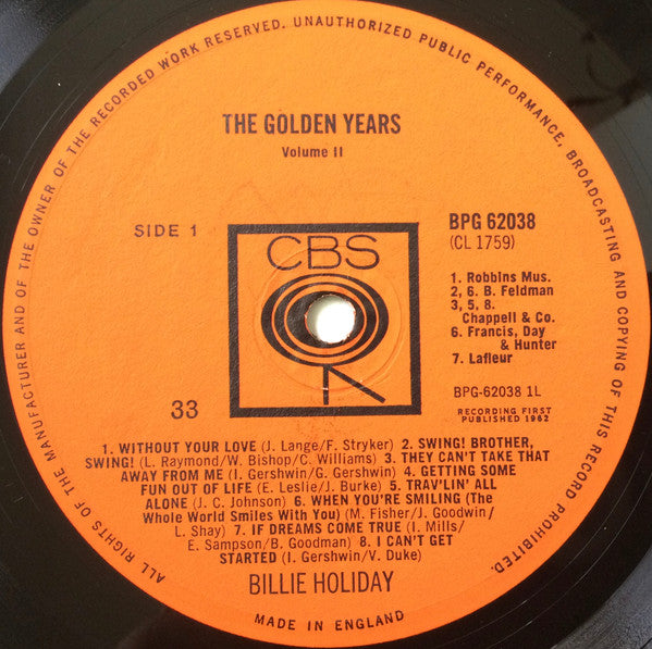 Image of Label Cover of LP - VG/VG+ - BILLIE HOLIDAY , The Golden Years Volume Two (CBS Orange (33 On Label); BPG 62038, UK 1962, Laminated Flipback Sleeve), , - 3626123E