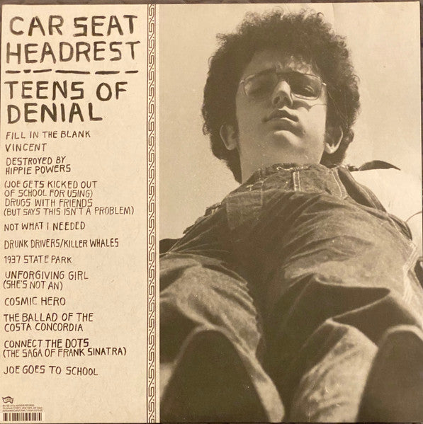 Image of Back Cover of 2xLP - NEW/NEW - CAR SEAT HEADREST, Teens Of Denial (Matador ; OLE10910, USA & Europe 2016, 2 Inners), , Teens of Denial is the thirteenth album in Car Seat Headrest's (aka 23-year-old Will Toledo) oeuvre, second on Matador, and first to be recorded in a proper studio with a full band and producer (Steve Fisk). On Denial, Toledo moves from bedroom pop to something approaching classic-rock grandeur and huge (if detailed and personal) narrative ambitions, with nods to the Cars, Pavemen