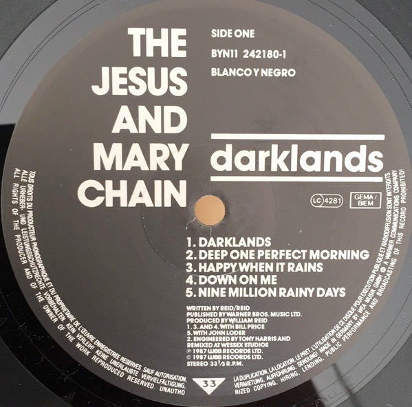 Image of Label Cover of LP - VG+/VG - THE JESUS AND MARY CHAIN, Darklands (Blanco Y Negro; BYN11, Europe 1987, Inner), Strong VG disc, Glossy with a few fine wispy hairlines, Clean shiny sleeve, With OIS, - 2516383C