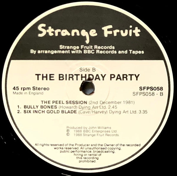 Image of Label Cover of 12" - VG/VG+ - THE BIRTHDAY PARTY, Peel Sessions (Big Jesus Trash Can) (Strange Fruit; SFSP058, UK 1988, Picture Sleeve), , - 4426242E