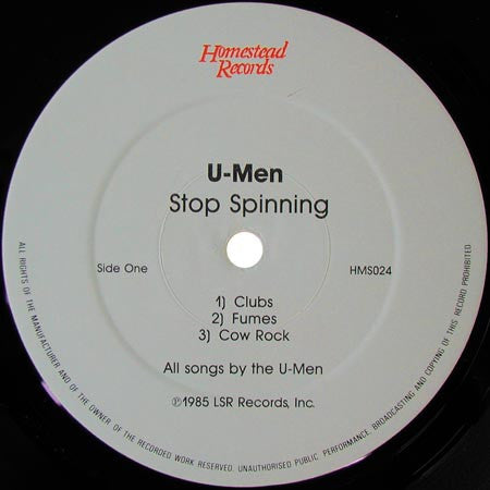 Image of Label Cover of 4124032E: LP - U-MEN, Stop Spinning (Homestead Records ; HMS024, US 1985) Sleeve has many small creases. Some light marks on the vinyl. VG/VG